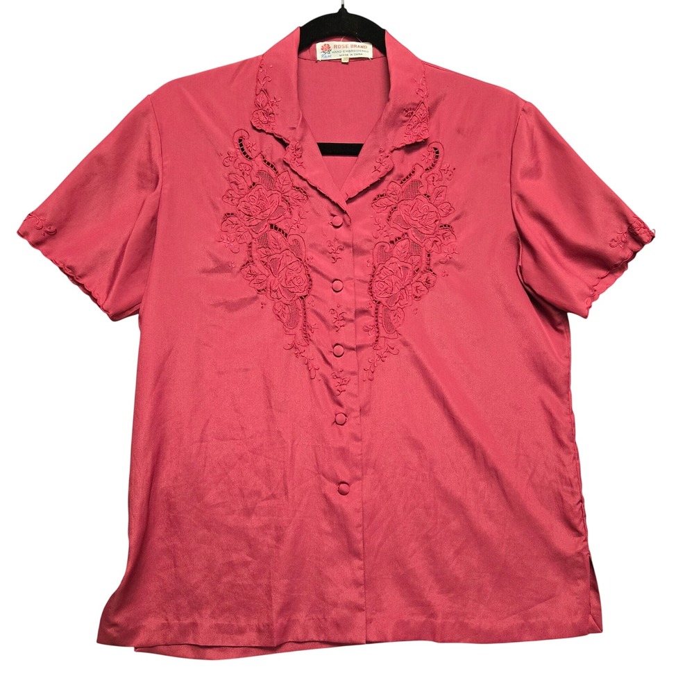 Rose Brand Vintage Hand Embroidered Blouse Red Button Front Shirt M